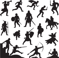 Obraz premium Silhouettes of warriors and soldiers in various combat poses and actions