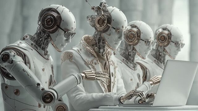 In a futuristic office, AI robot secretaries work together on sleek laptops. They focus intently on their screens, sharing information and ideas during a busy work session.