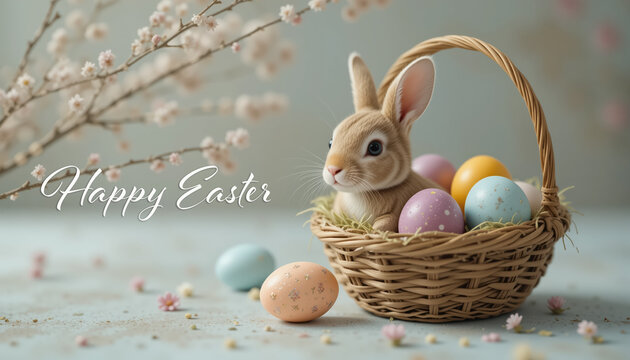 Easter greetings card with Easter bunny, springtime flowers and eggs.