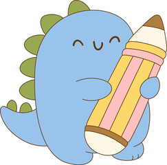 Cute blue dinosaur holding large pencil, smiling happily. This adorable character embodies creativity and playfulness
