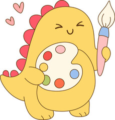 Cute dinosaur holding paint palette and brush, expressing joy and creativity. Perfect for children art themes