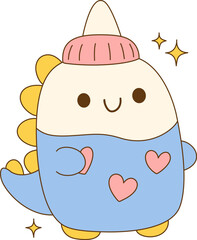 Cute dinosaur character wearing pink hat and blue outfit with heart patterns, radiating joy and charm