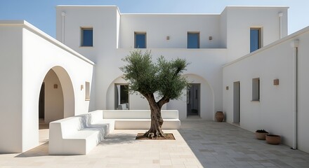 Naklejka premium Whitewashed Greek Mediterranean building courtyard.