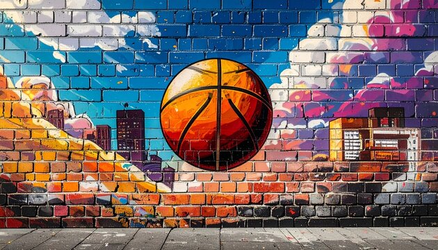 A vibrant mural featuring a large basketball against a colorful cityscape backdrop on a brick wall
