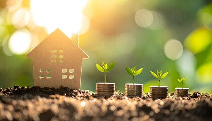 A miniature house model stands beside growing plants on coins, symbolizing financial growth and sustainability