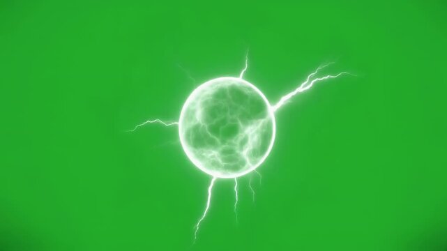 Glowing white electric energy ball with lightning bolts pulsating on green screen
