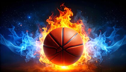 Fototapeta premium A basketball surrounded by vibrant flames and blue flames, set against a dramatic cosmic backdrop