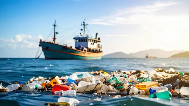 Ocean pollution with plastic debris and fishing boat