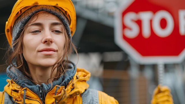 Focused construction worker in a bright yellow jacket and hard hat holds up a stop sign, ensuring safety at a bustling construction site during the day. Communication is key here.