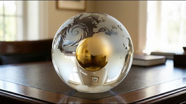Elegant glass globe featuring etched continents and radiant golden sphere. powerful symbol for global ambition, connection, future prosperity, strategic business success on polished wood