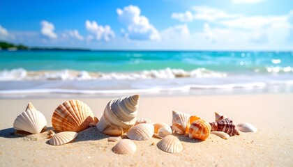 Obraz premium A serene beach scene showcasing various seashells resting on soft, sandy shores under a bright blue sky