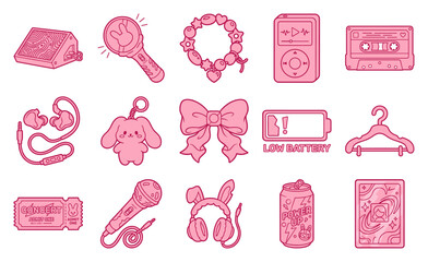 Pink Y2K Coquette Aesthetic Line Art Element Kit for Music Fan and Pop Culture Scrapbooking