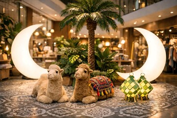 Festive Ramadan-themed retail store interior featuring decorative camel figures, glowing crescent moon installations, palm plants, and traditional ketupat ornaments. 