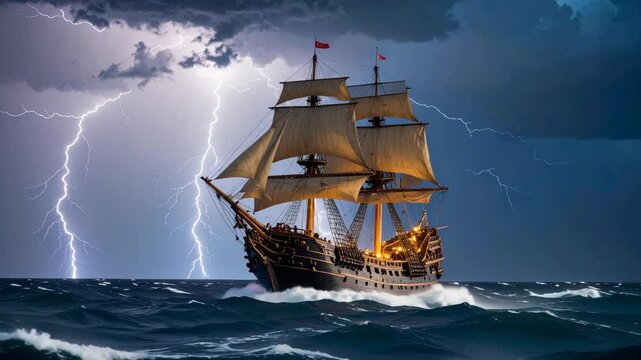 Majestic sailing ship navigates stormy seas with lightning strikes illuminating the dark sky
