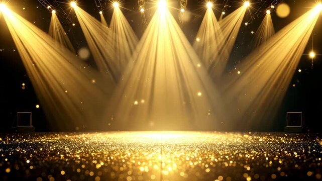 Golden stage lights illuminate a sparkling glitter floor, creating a festive and celebratory atmosphere