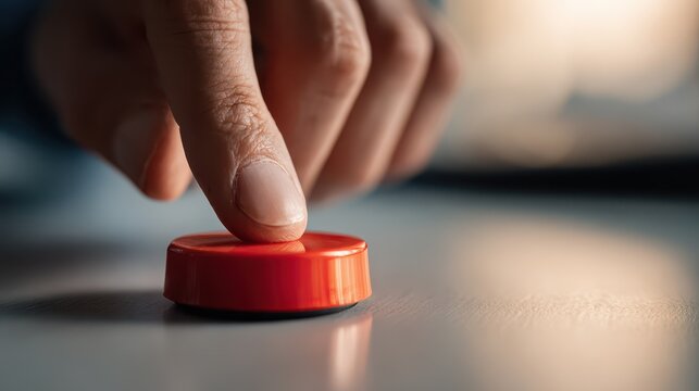 Close-up of a hand pressing a bright red action button to symbolize taking action and momentum