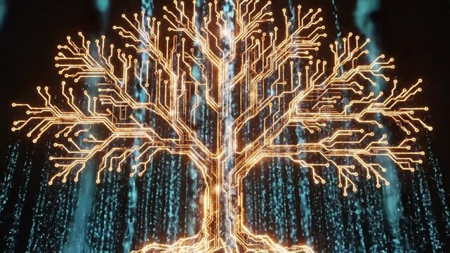 A glowing tree with branches and roots illuminated against a backdrop of falling binary code from a high viewpoint