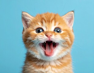 Fototapeta premium Close-up of an orange tabby kitten with mouth wide open on a blue backdrop
