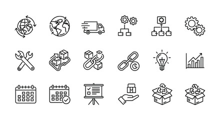 Collection of various black and white line icons representing business and technology
