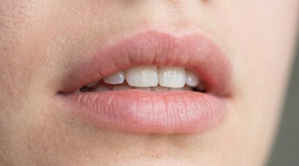 Fototapeta premium Close-up of human lips slightly parted, revealing upper teeth, natural pink hue, visible skin pores and subtle facial hair, realistic texture focus on oral and facial detail.