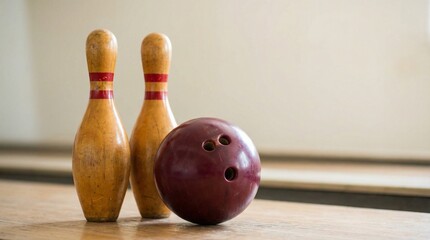 Two wooden bowling pins with red stripes standing upright, maroon bowling ball with three finger holes positioned in front, clean minimal background, classic bowling setup.