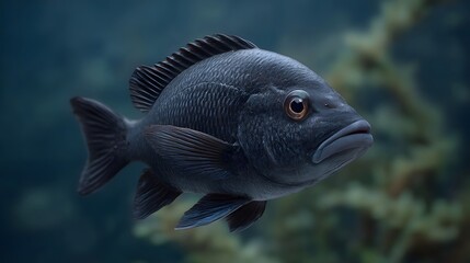 A solitary dark scaled fish drifts through the deep blue twilight of the ocean s aquatic environment