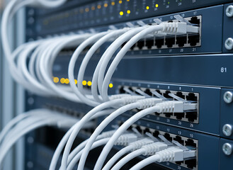 Network switch and network ethernet cables in modern server room data center. 3d illustration, Data Center / IT Infrastructure / Networking