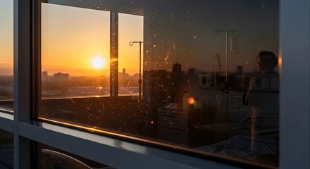 Fototapeta premium Modern city skyline at sunrise through hotel window with warm golden light