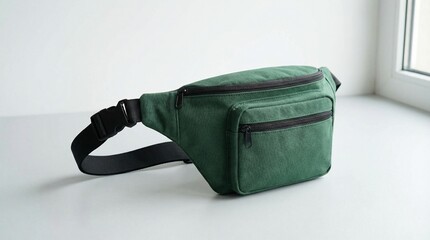 Green waist bag with black adjustable strap and buckle, featuring main zippered compartment and smaller front pocket, minimal clean background.