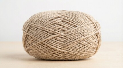Oval-shaped ball of beige yarn, tightly wound with crisscross strands, soft textile texture, minimal clean background.