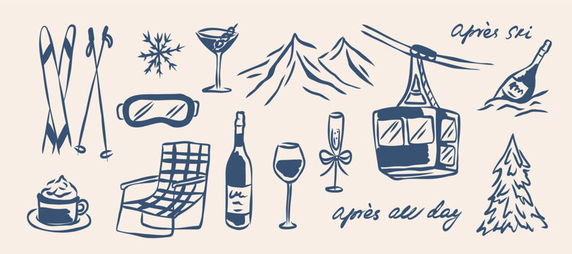 Hand drawn retro apres ski illustrations