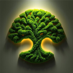 A highly detailed and vibrant logo of the tree made entirely out of lush green moss with intricate details and textures