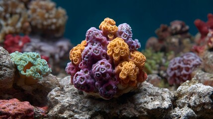 Fototapeta premium A vibrant multi colored coral colony featuring purple orange and pink hues rests on rocks in a clear blue aquatic environment