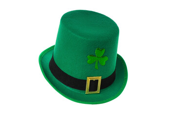 Fototapeta premium Green top hat features a shamrock and black band, isolated, PNG