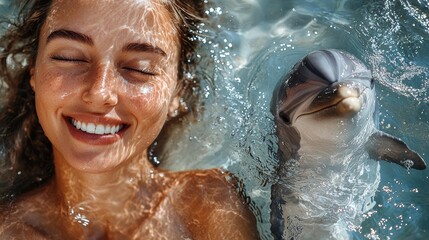 A woman smiles with closed eyes in water next to a dolphin. AI.