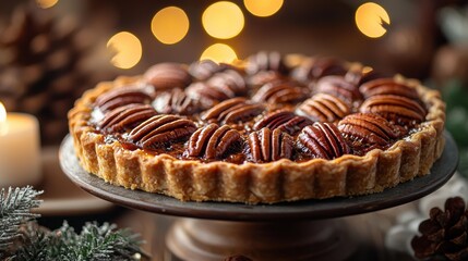 Pecan pie on a stand, decorated with lights and pinecones. AI.