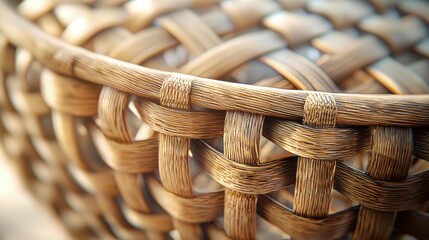Woven basket close-up shows brown strands interlaced, forming a tight pattern. Top rim visible. AI.