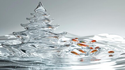 A sculpted silver tree-like structure sits in water with small, orange fish swimming nearby. AI.