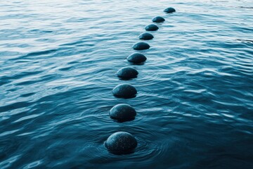 A row of dark, round objects float in rippling blue water. They appear to be spaced evenly apart. AI.