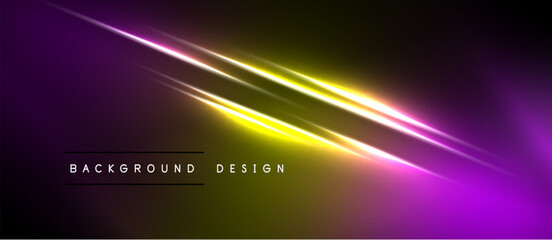 Fototapeta premium Abstract background features vibrant purple, yellow light streaks. Modern design elements create dynamic visual impact. Simple text overlay present.