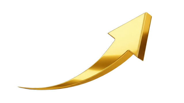 Glossy metallic gold upward arrow growth icon with soft shadow, 3D render Isolated on transparent background, png