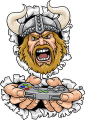 Fototapeta premium An angry Viking gamer cartoon character holding controller sports team mascot illustration.