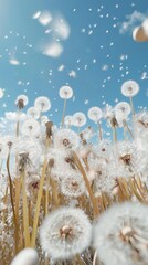 Many dandelions are in a field with seeds scattered in the air under a clear blue sky. AI.