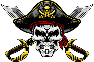 Pirate skull crossbones wearing a tricorn captain hat crossing sabers or scimitar cutlass pirate swords. In a vintage retro woodcut style.