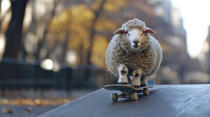 Sheep is on a skateboard, rolling down a ramp. The animal is centered in the image with blurry background. AI.