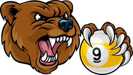 Fototapeta premium Bear nine ball pool sports mascot holding a 9 ball cartoon illustration