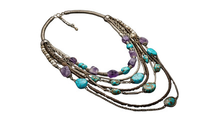 Fototapeta premium Multi strand statement necklace with turquoise beads and purple accents on silver chain, isolated on white background