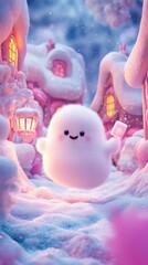 A cartoon ghost holds a pink , standing amid snow-covered pink buildings and ground. AI.
