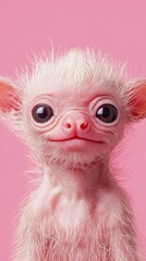 Portrait of a small, pale creature with large eyes and sparse white fur against a pink background. AI.