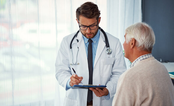Medical, elderly man or doctor with clipboard, symptoms review or assessment in retirement. Space, senior person or gp with checklist, patient consultation or healthcare notes in hospital appointment